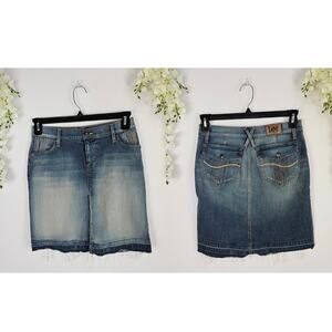 Y2K Lee Denim Skirt Juniors 3 Frayed Hem Button Pockets Stretch Slit Front